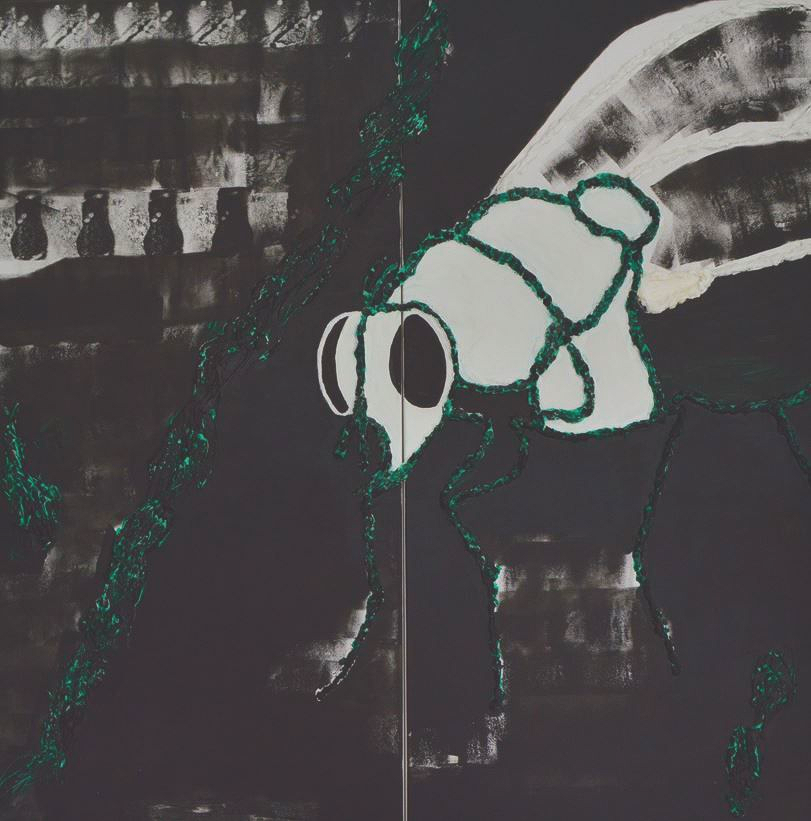 Abstraktes Diptychon mit einer weißen Insektenform vor schwarzem Hintergrund. Grüne lineare Details.