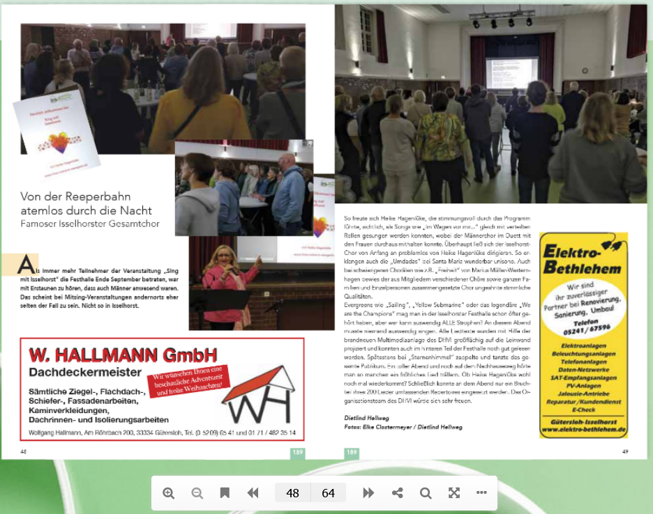 Artikel über das Sing mit! Konzert mit Schlagern und Volkslieder am 28.09.2024 von Heike Hagenlüke in Isselhorst