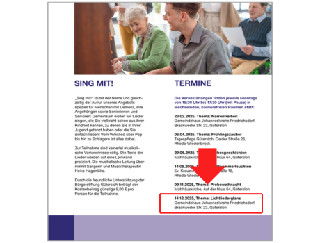 Sing mit! Konzert der Diakonie GT mit Weihnachtsliedern am Sonntag, 14.12.2025 ab 15.30 Uhr - besonders für Senioren, Menschen mit Demenz und ihre Angehörigen - Gemeindehaus der Johanneskirche Friedrichsdorf