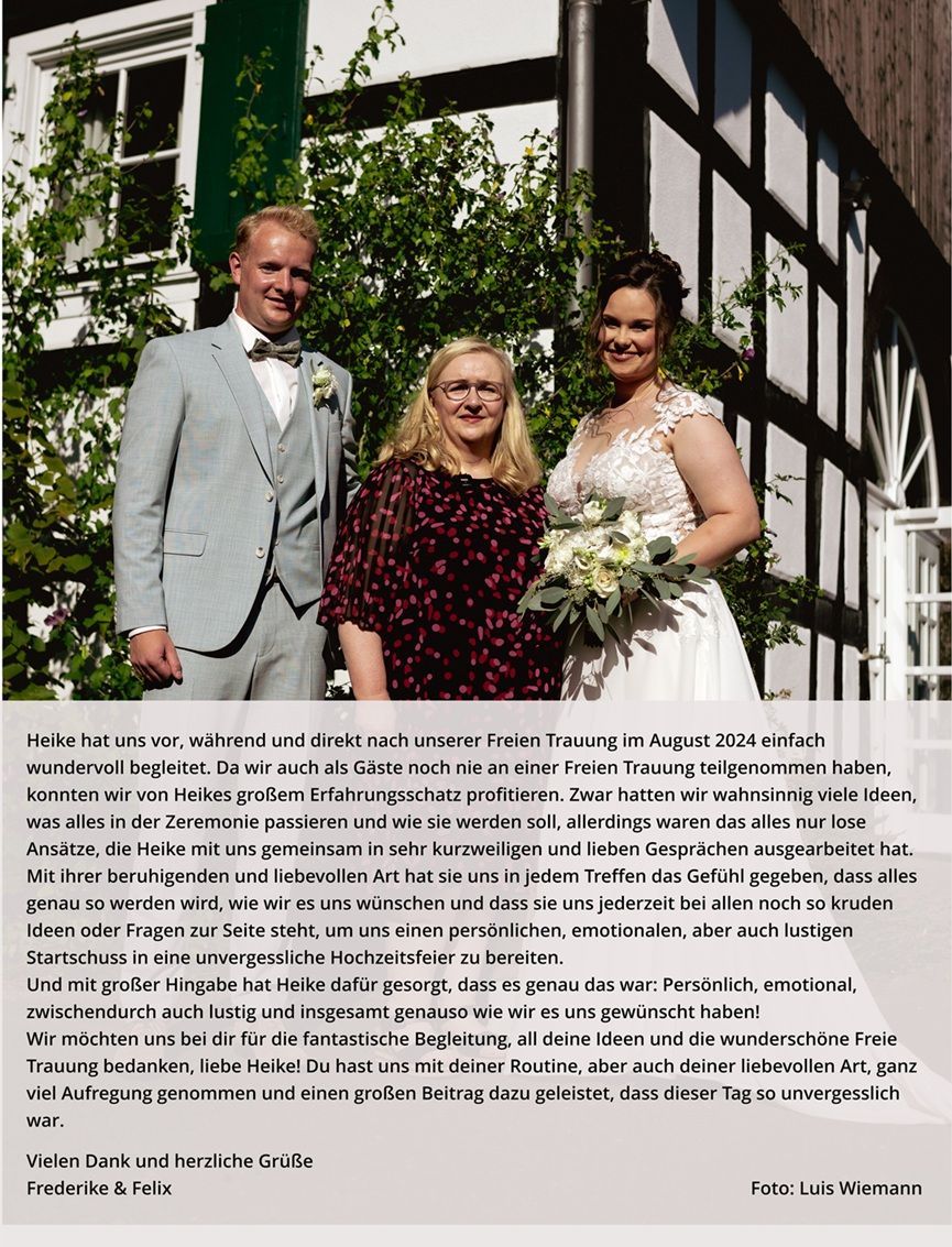 Das sagen Felix und Frederike über ihre freie Trauung mit der Traurednerin Heike Hagenlüke.
