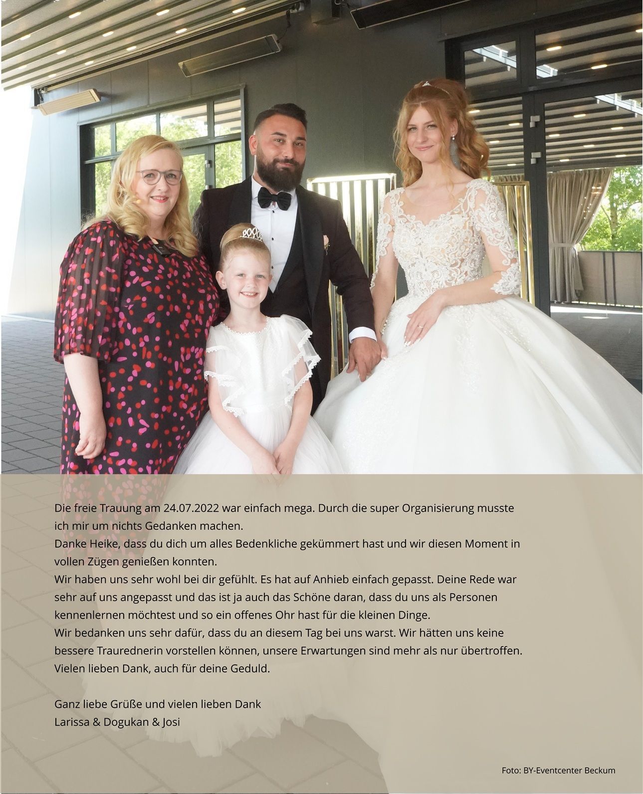 Das sagen Larissa und Dogukan über ihre freie Trauung mit der Traurednerin Heike Hagenlüke.