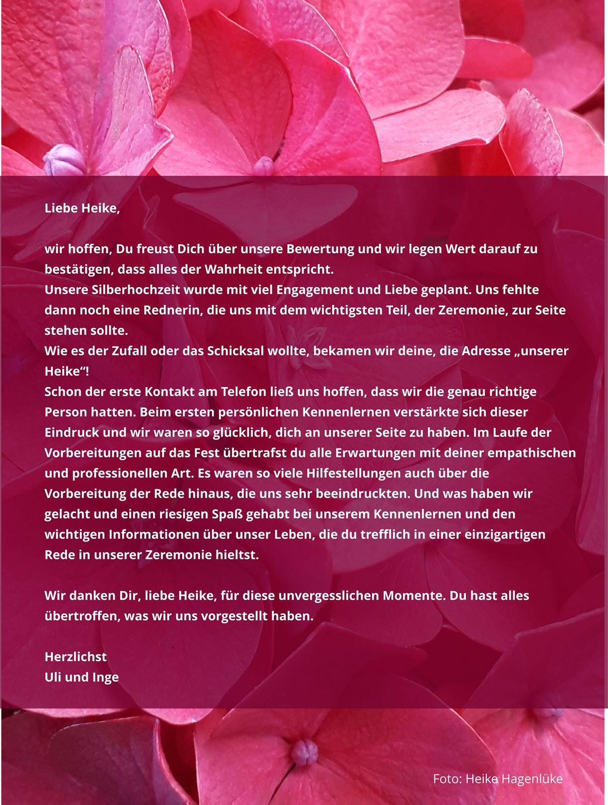 Das sagen Inge und Uli über die Zeremonie und Rede der Traurednerin Heike Hagenlüke bei ihrer Silberhochzeit.