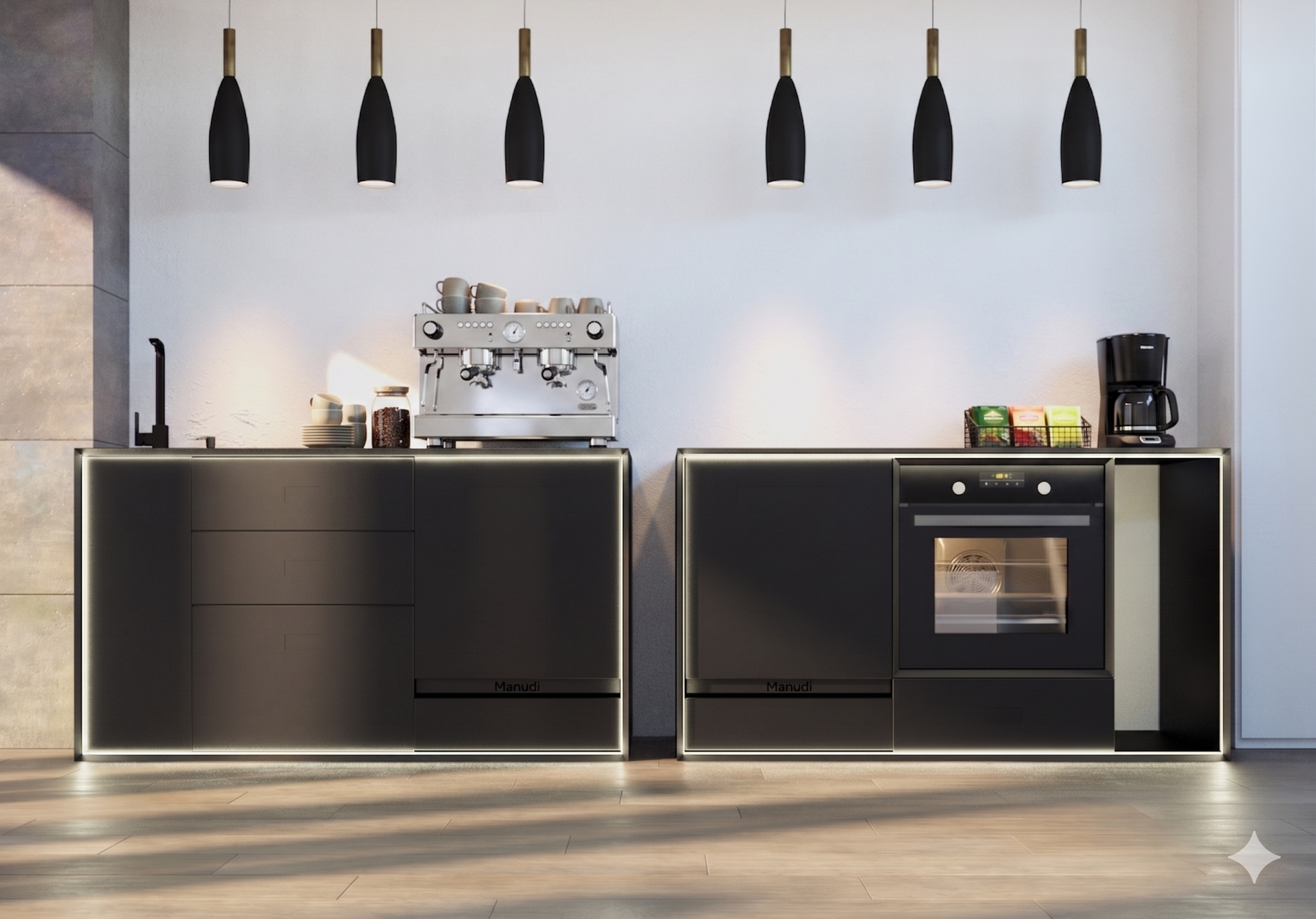 Manudi Büroküche aus zwei Stahl-Loops mit Siebträgermaschine und Backofen
