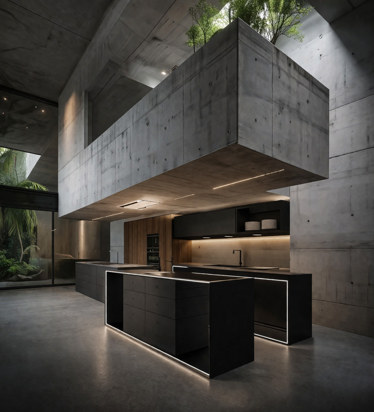 Freistehende Manudi Stahl-Modulküche in Sichtbetonarchitektur