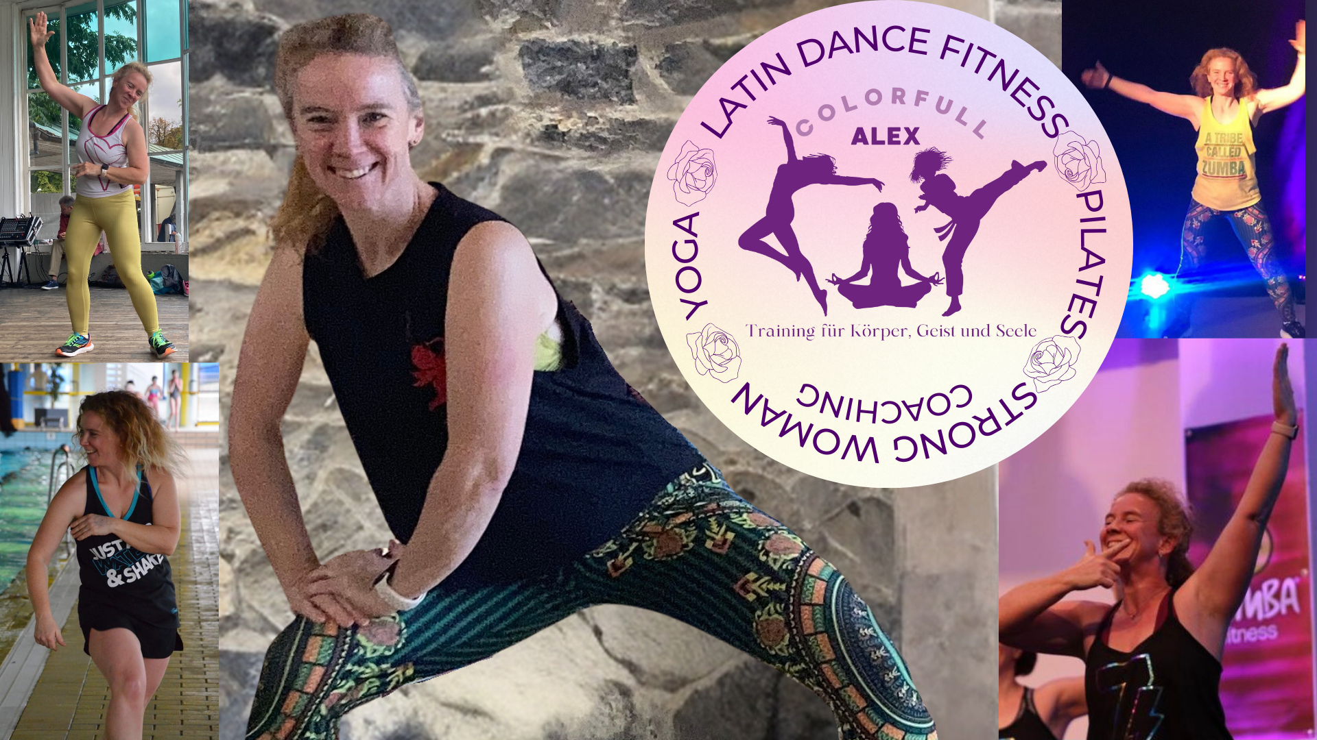 Mehrere Bilder von Zumba®Trainerin Alexandra Seitz beim Tanzen. Aqua Zumba®, Zumba Gold®, Zumba Fitness®, Zumba® Logos