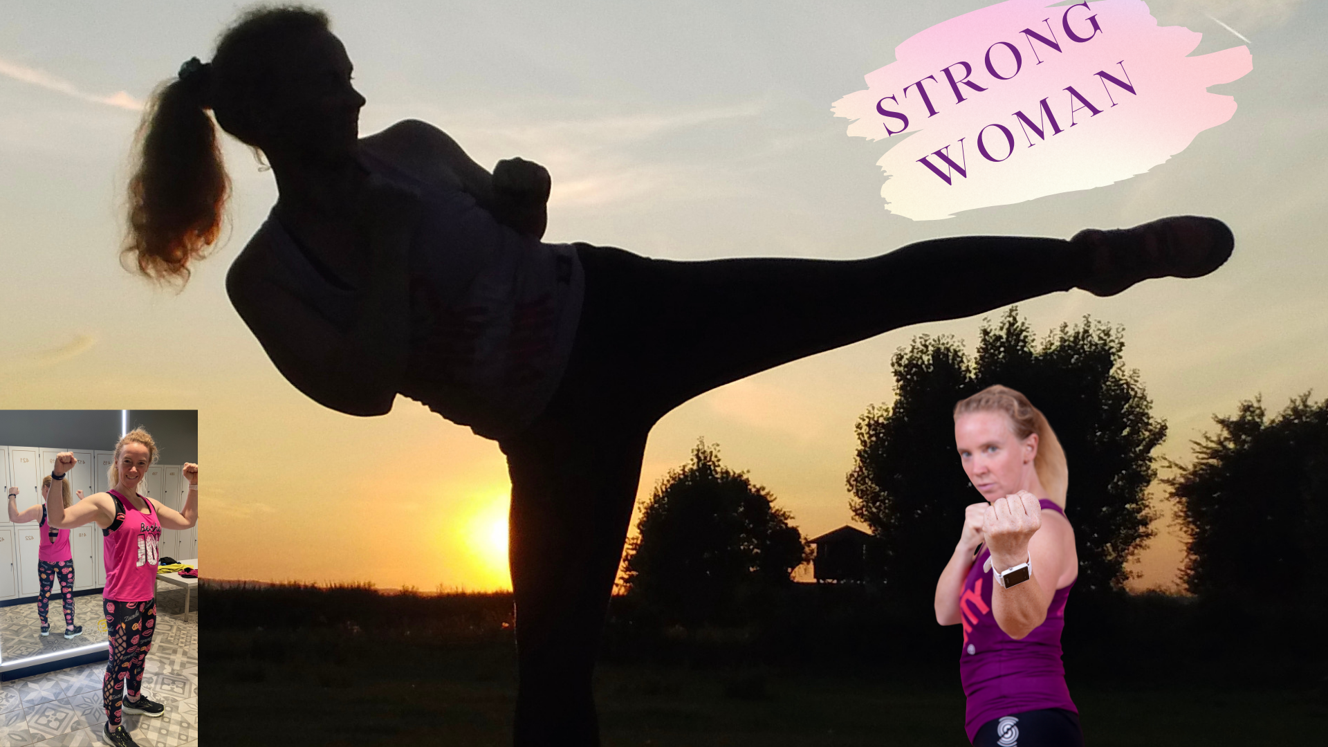 Mehrere Bilder von STRONG Nation® Trainerin Alexandra Seitz in Material Arts. Roundhousekick, uppercut, Strong-Pose