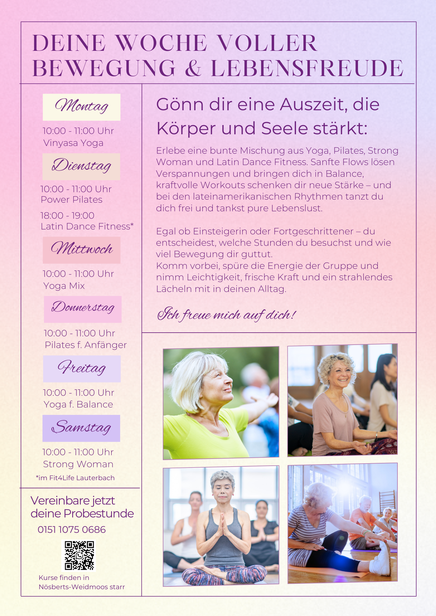 Bild: Flyer für Yoga Onlinestunden. Montags 10:00 Uhr, mittwochs 19:30 Uhr (auch live)  und freitags 10:00 Uhr 