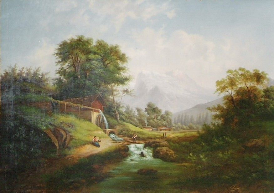 Landschaftsgemälde eines Baches, der durch ein Tal fließt, mit Bäumen, einem Gebäude und Bergen in der Ferne.