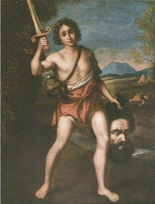 David mit erhobenem Schwert steht über einem abgetrennten Kopf, im Hintergrund eine Landschaft.