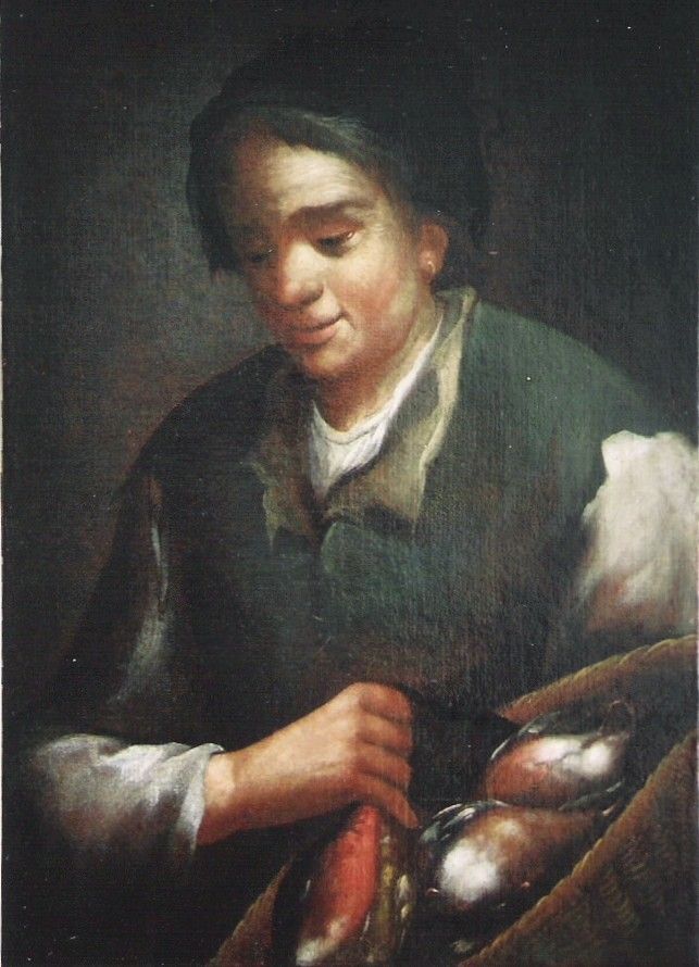 Frau, die auf Vögel in einem Korb herabschaut; sie trägt eine grüne Schürze und ein weißes Hemd.