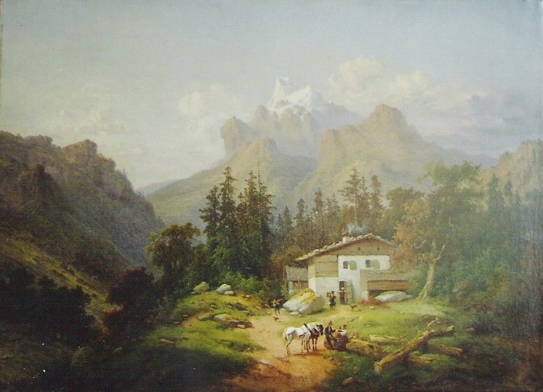 Berglandschaft mit einem Haus, Figuren und Tieren auf einem Pfad, im Hintergrund Berge.