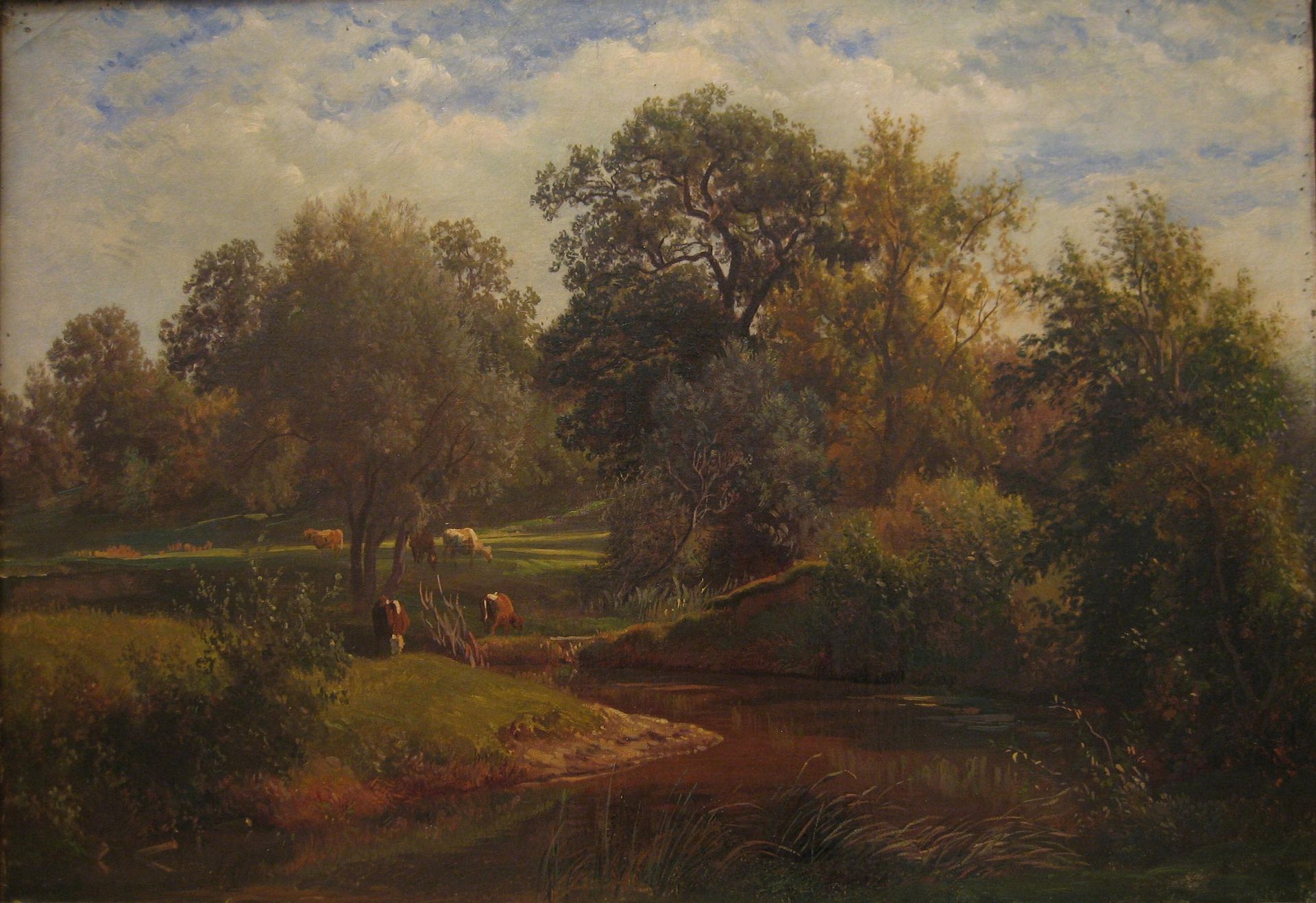 Landschaftsgemälde einer sonnigen Wiese mit Bäumen, einem Bach und Menschen.