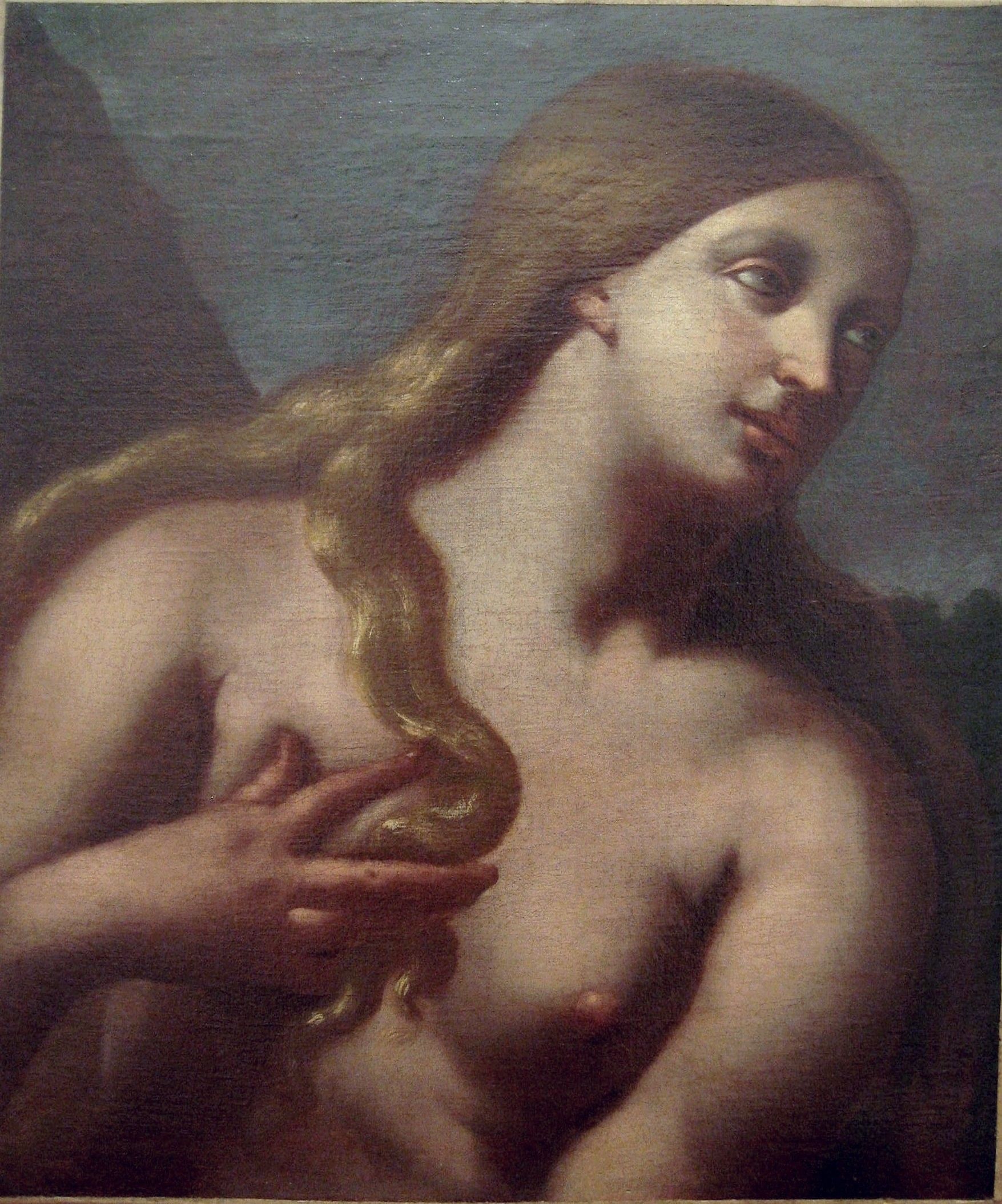 Nackte Frau (Eva) mit langen blonden Haaren, Blick nach rechts, Hand vor der Brust. Eine Schlange windet sich um sie.