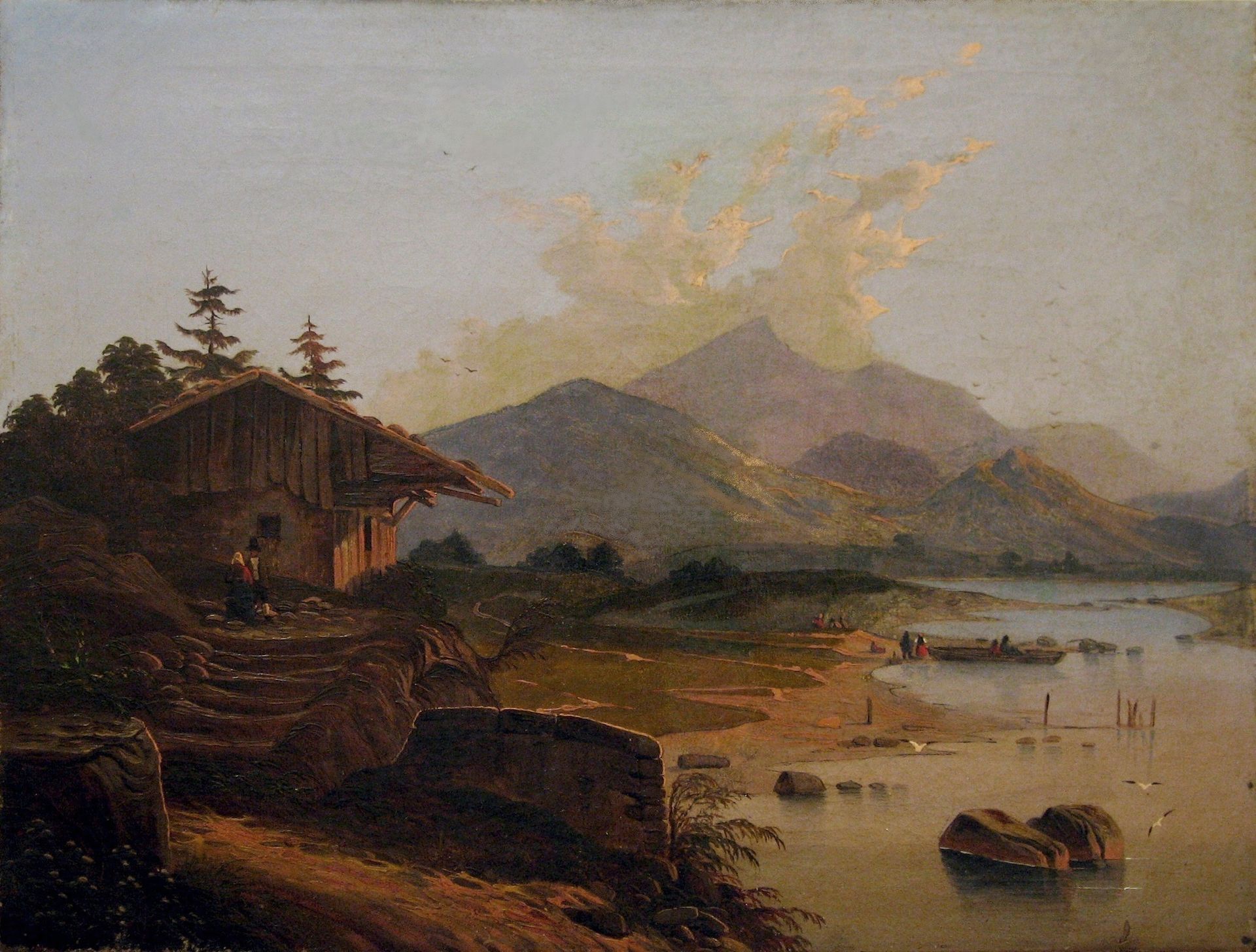 Landschaftsgemälde einer rustikalen Hütte, eines Sees, Bergen und eines dunstigen Sonnenuntergangs.