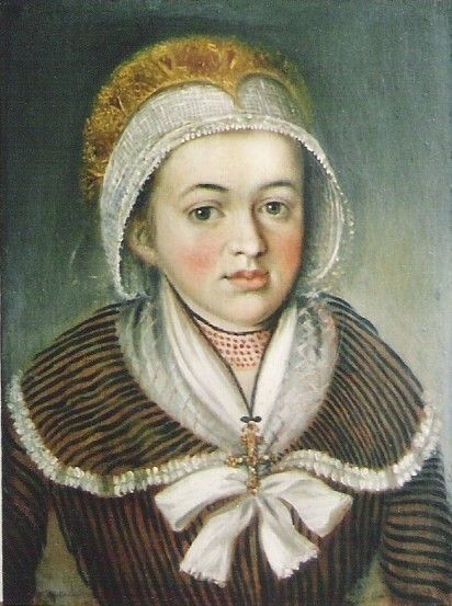 Porträt einer Person mit weißer Haube, braun gestreifter Jacke und weißem Kragen mit Schleife.