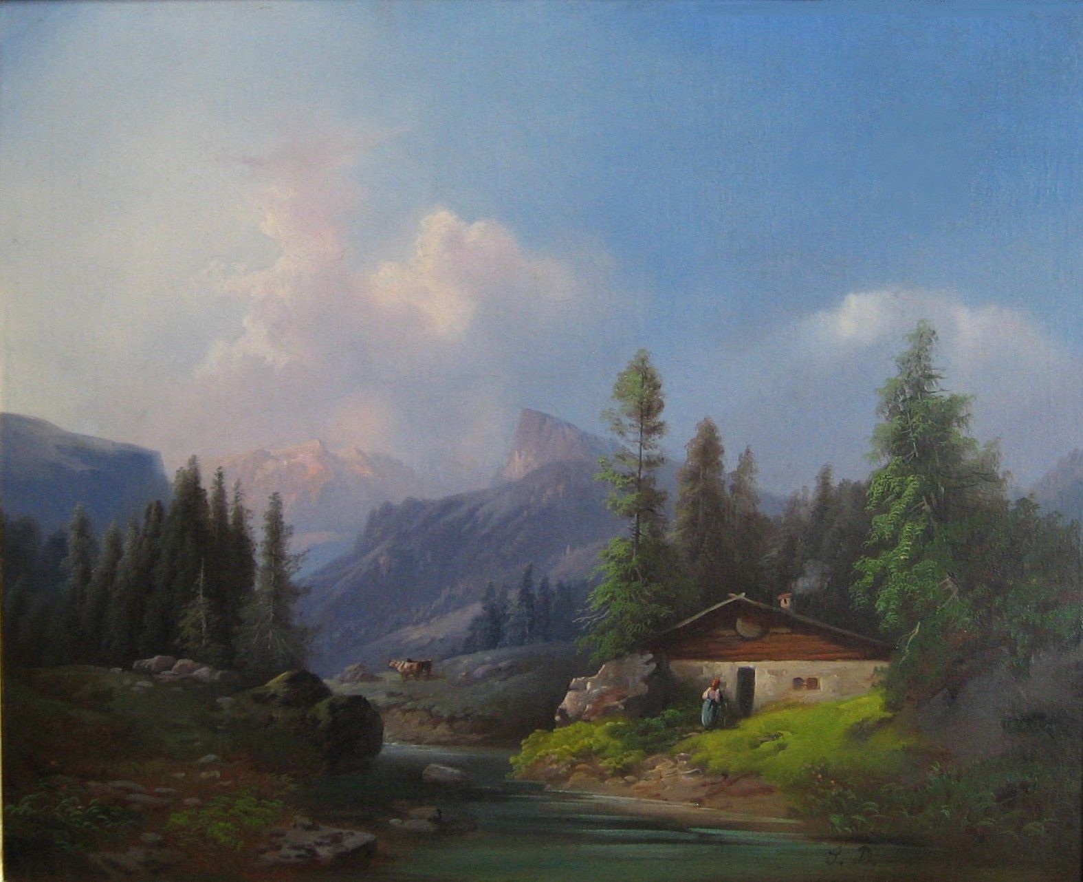 Landschaft mit einem kleinen Häuschen, Bergen, Bäumen und einem Bach unter bewölktem Himmel.