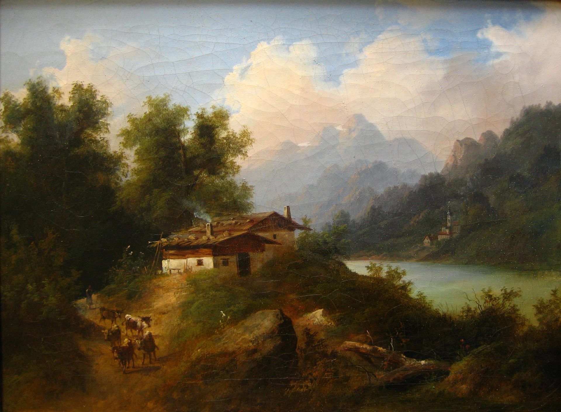 Landschaftsmalerei: Weg zu Gebäuden in der Nähe von See und Bergen, Figuren auf dem Weg.