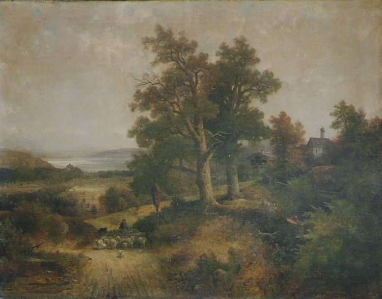Landschaft mit Bäumen, Weg, Schafen und einem kleinen Gebäude in einer gedämpften, bewölkten Umgebung.