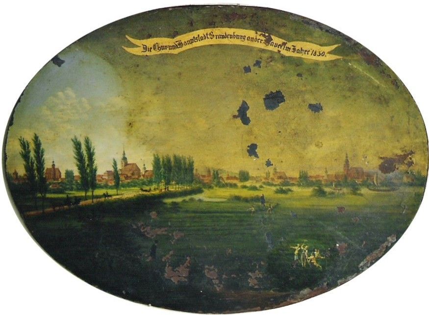 Ovales Landschaftsgemälde einer Stadt und eines Flusses mit einem Banner mit Text. Grüne und gelbe Farbtöne.