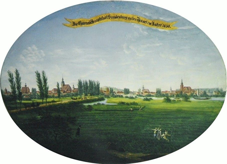 Ovales Gemälde: Stadtsilhouette mit grünen Feldern, Fluss und einem Schriftbanner. Blauer Himmel.