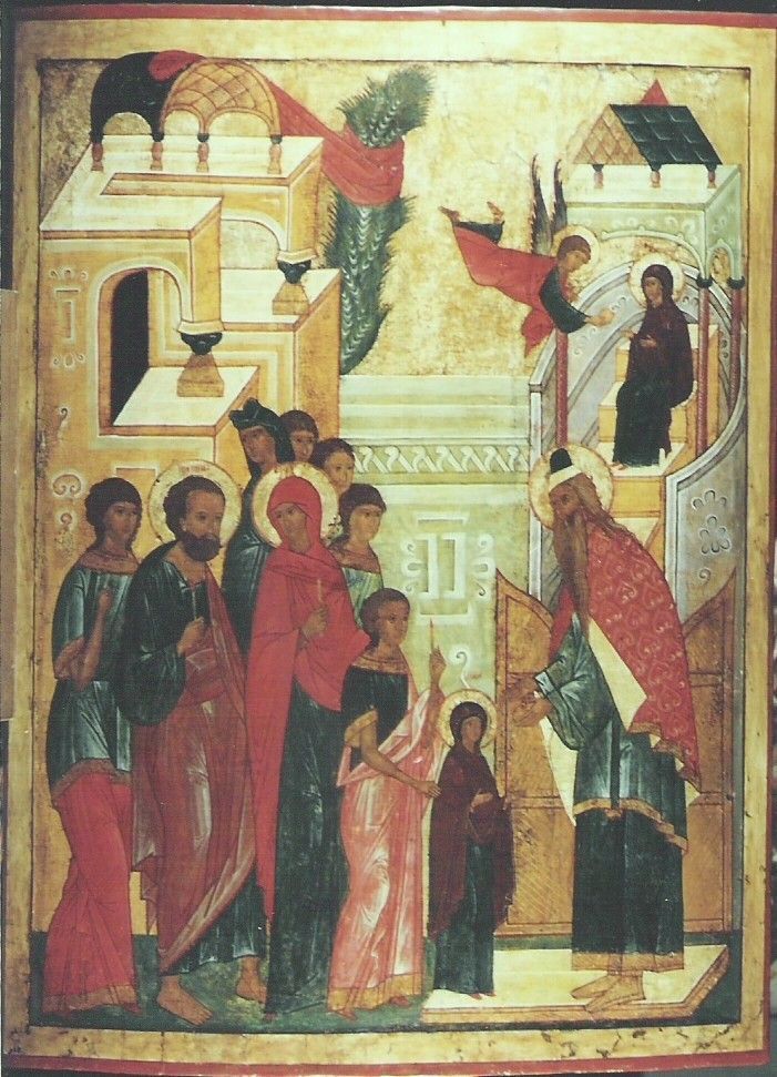 Religiöse Ikone mit Darstellungen von Figuren in der Nähe eines Tempels. Eine Frau in Rot übergibt einem Priester ein Kind. Ein Engel steigt herab.