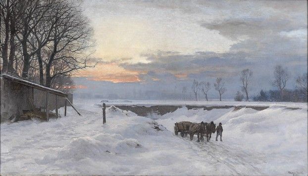 Winterlandschaft mit Schnee, Figuren, die Pferde führen, Scheune, kahle Bäume und ein gedämpfter, bewölkter Himmel.