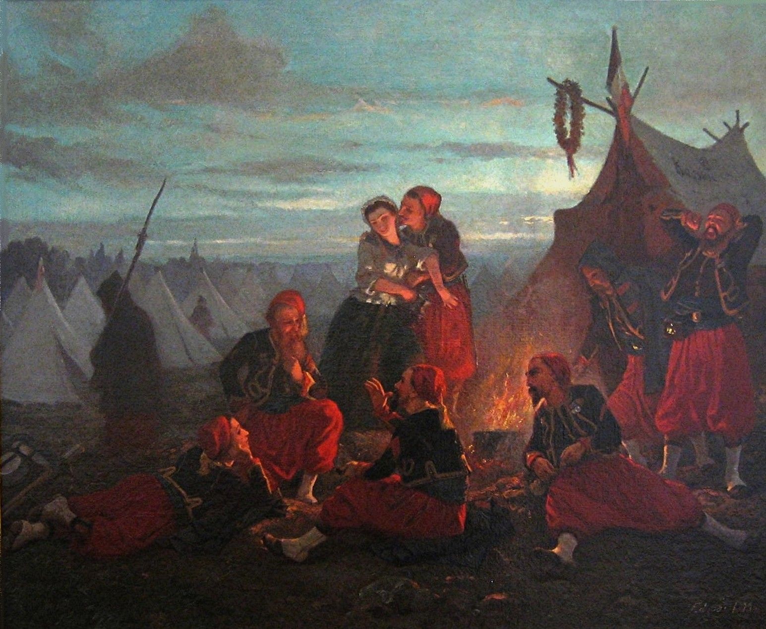 Lagerfeuerszene: Soldaten in roten Uniformen versammeln sich, einige an einem Feuer; zwei umarmen sich. Zelte prägen die Landschaft.