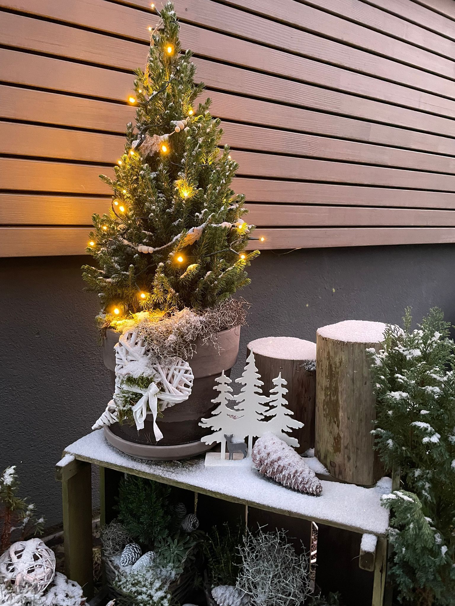Beleuchteter Tischweihnachtsbaum mit warmen Lichtern und weißem Winterschmuck auf einer Veranda