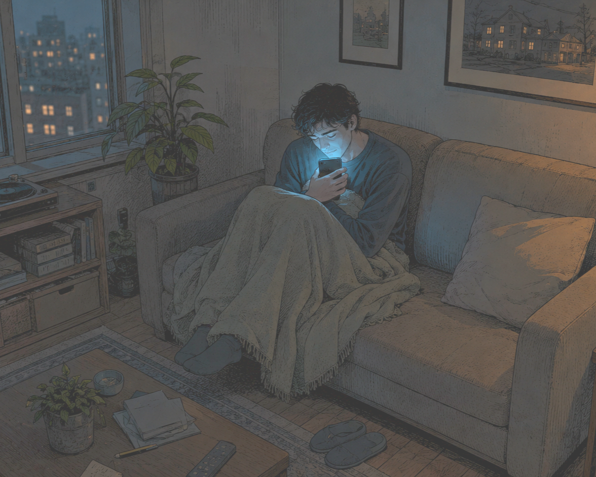 Person sitzt mit Decke auf einer Couch und schaut in ihr Smartphone