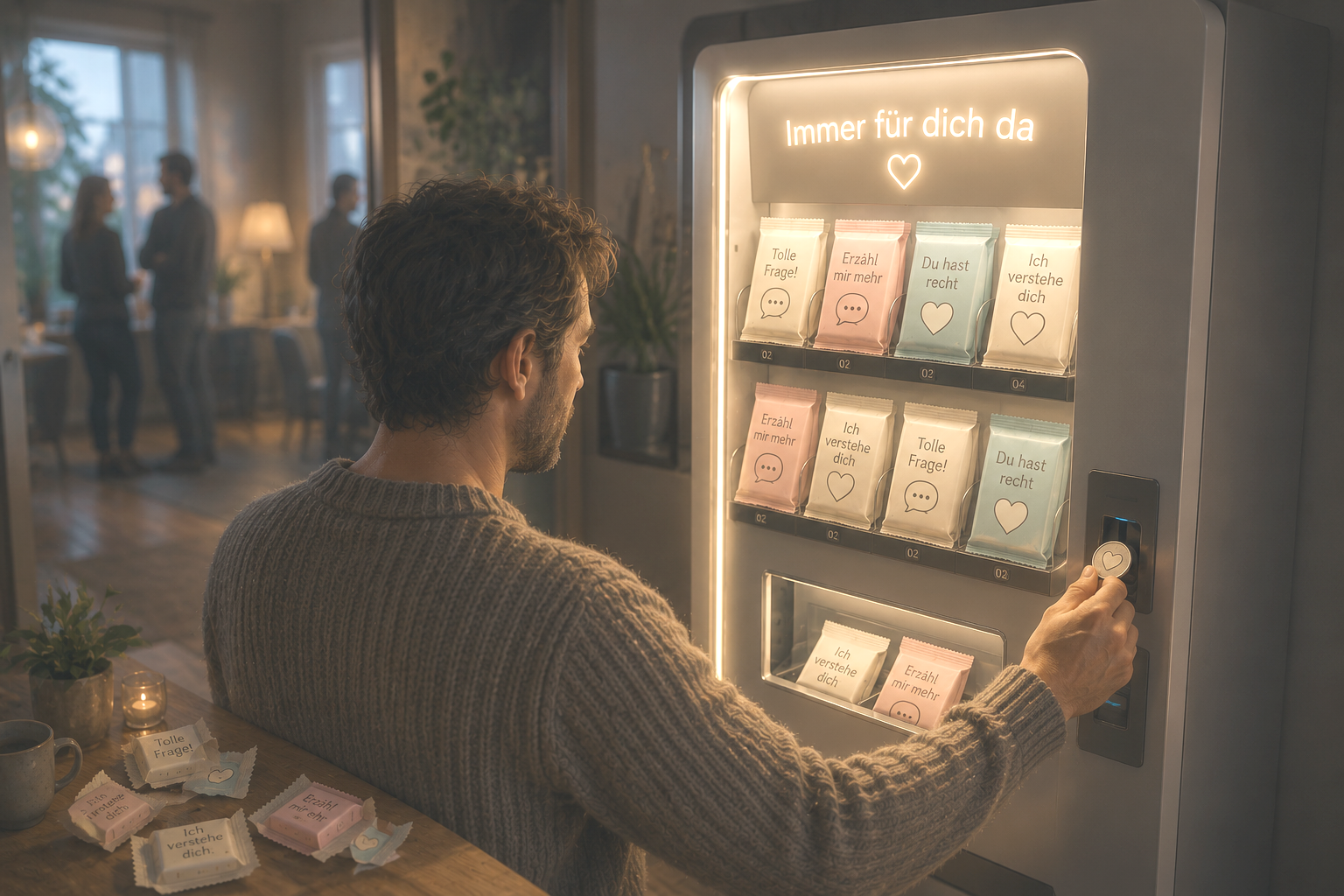 Mann wählt schmeichelhafte KI-Antworten aus einem Automaten aus