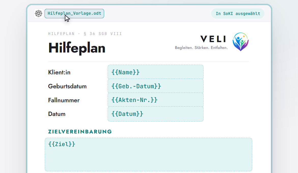 Hilfeplan-Vorlage nach § 36 SGB VIII in SoKI mit markierten Platzhaltern für Name, Geburtsdatum, etc
