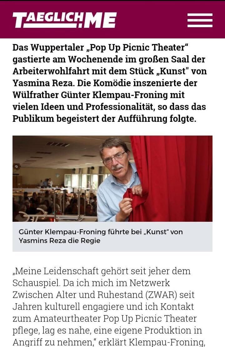 Presse zu Günter Klempau-Froning zur Aufführung Kunst in Wülfrath