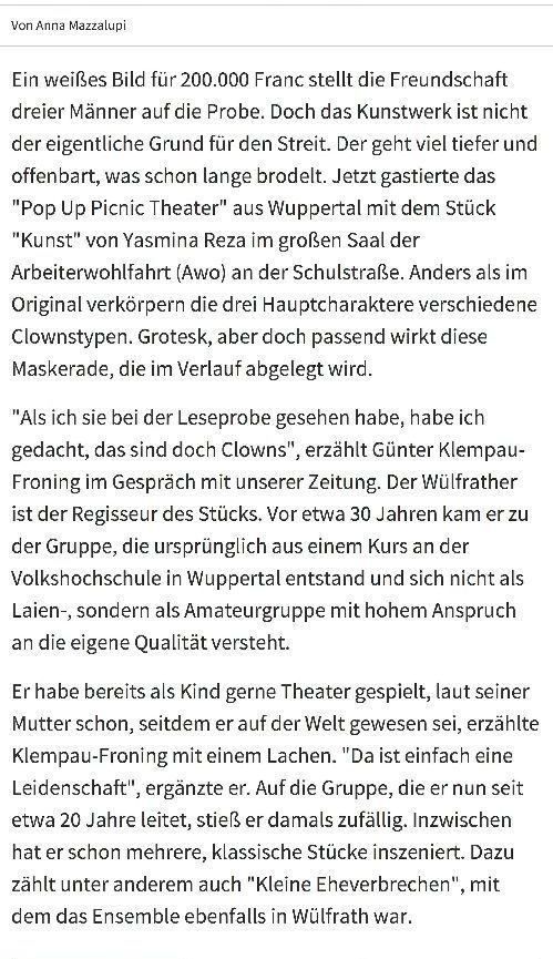 RP zu Günter Klempau-Froning zur Aufführung Kunst in Wülfrath
