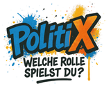 Politix logo in blue and orange with German text “Welche Rolle spielst du?”
