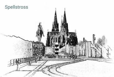 Link zur Website Kohlezeichnung vom Kölner Dom mit Reiterdenkmal. Ein Klick auf das Bild führt zur Website spellstross punkt de eh