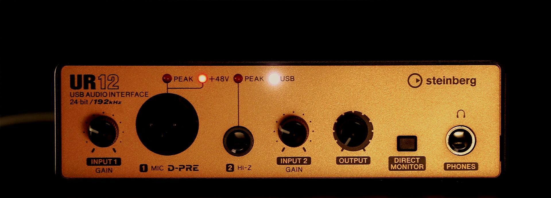 Das Steinberg Audio Interface in einem warmen Licht; die zwei Power-LED leuchten weiß und rot.