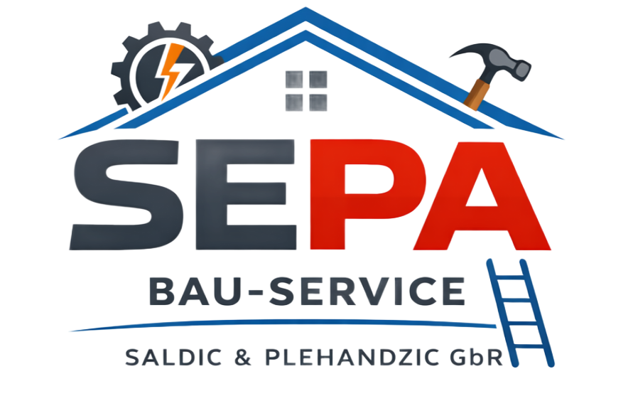 Logo für SEPA Bau-Service mit Haus-Symbol, Zahnrad, Hammer und Leiter. Text: SEPA, BAU-SERVICE, Saldic & Plehandzic GbR.