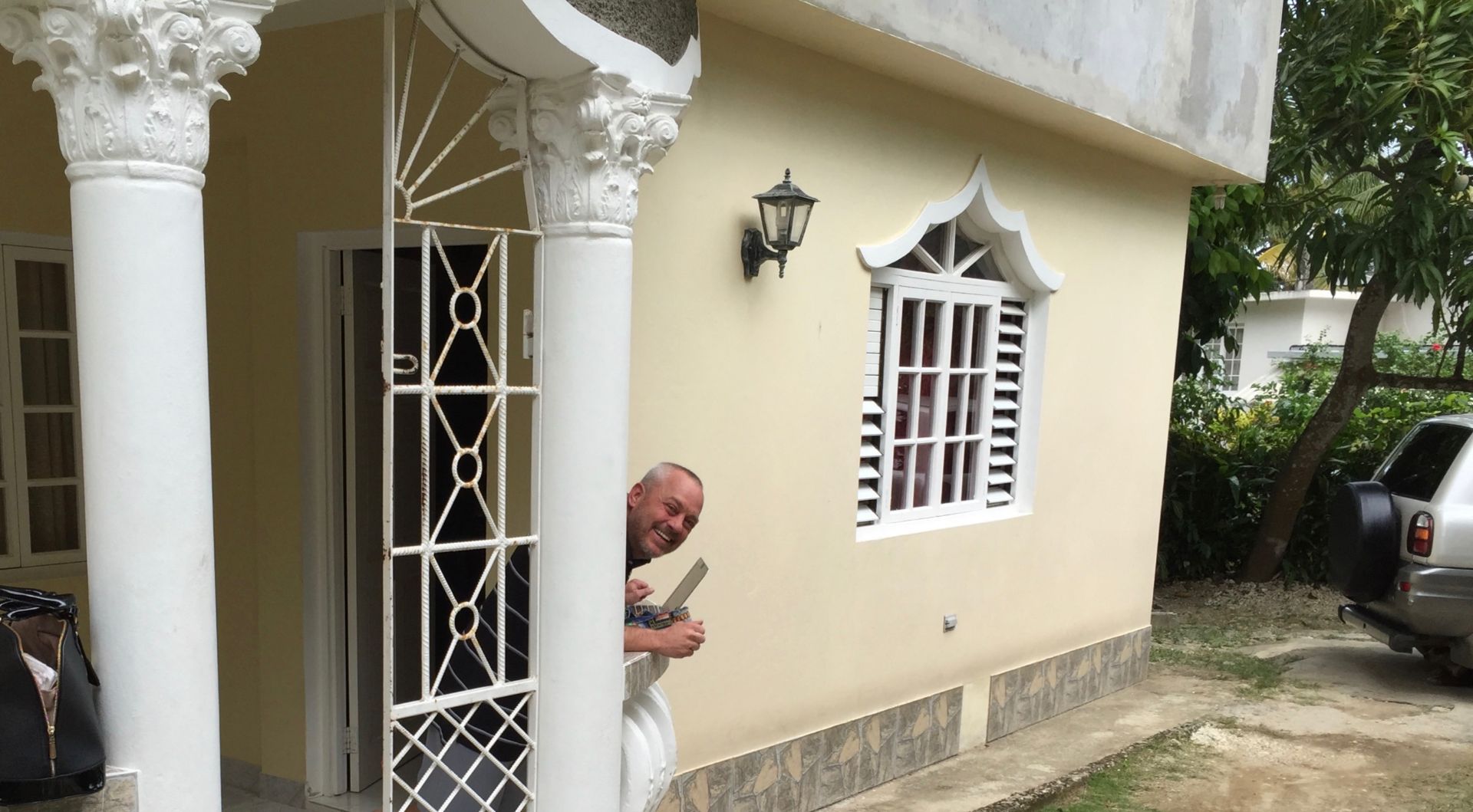 Matty hammers away on a piece from my HQ in the hills of Hanover, Jamaica.