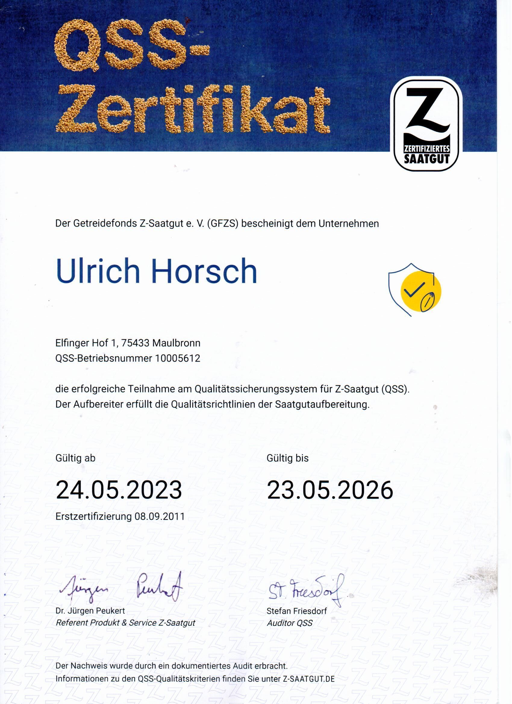 QSS-Zertifikat für Ulrich Horsch zur Saatgutaufbereitung, gültig von 2023 bis 2026.