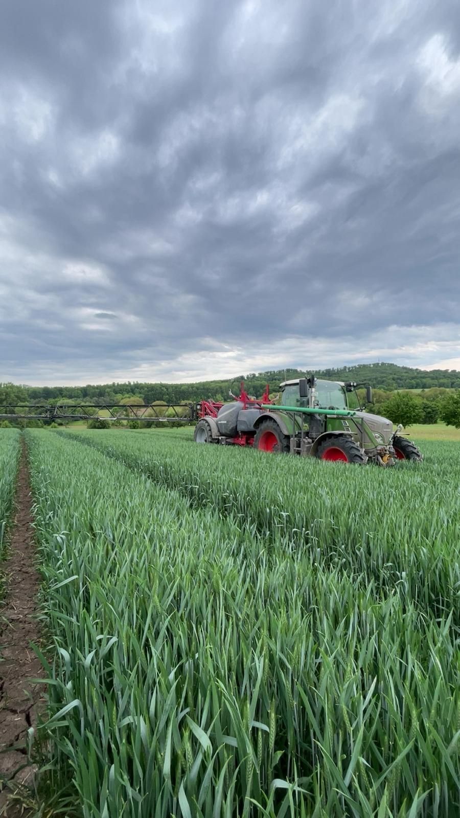 Fendt-Traktor mit Horsch-Anhängepflanzenschutspritze auf einem bepflanzten Feld unter sehr bewöltem Himmel.