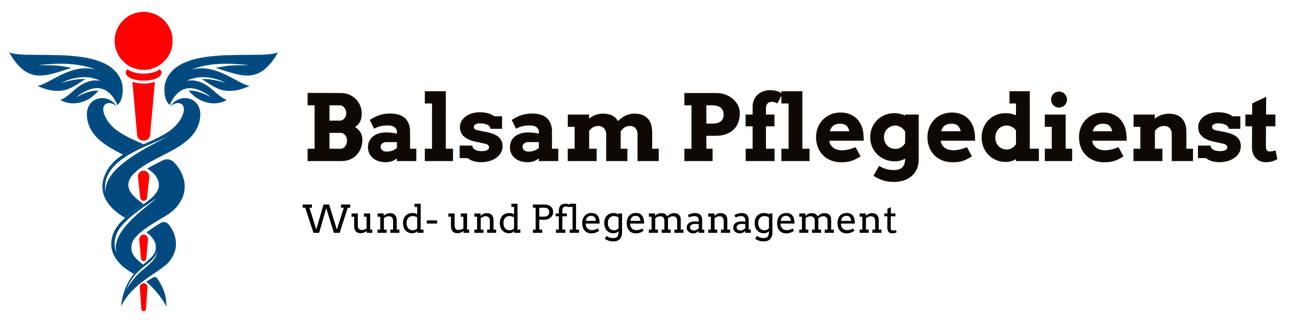 Balsam Pflegedienst logo with blue medical symbol and red figure, text “Wund- und Pflegemanagement”