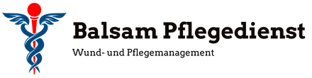 Balsam Pflegedienst logo with blue medical symbol and red figure, text “Wund- und Pflegemanagement”