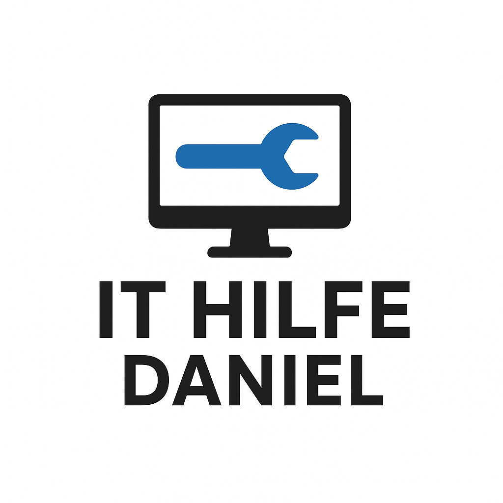 Logo für „IT Hilfe Daniel“. Ein Computerbildschirm mit einem blauen Schraubenschlüssel-Symbol, darunter schwarzer Text.