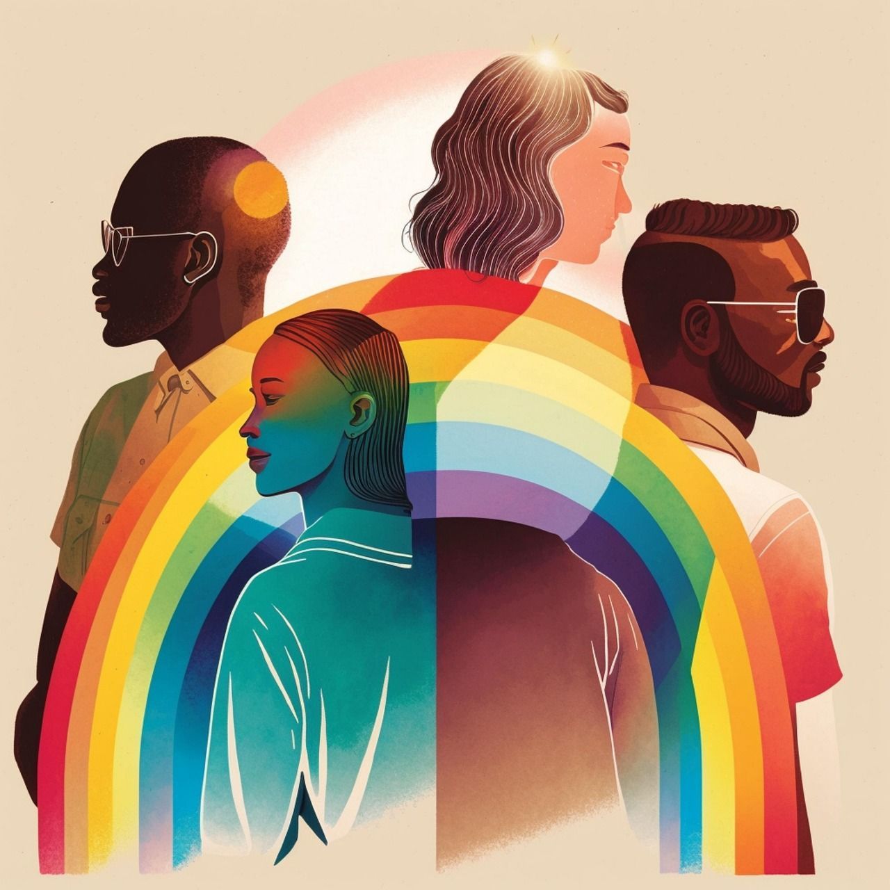 Vier Personen, verschiedener Herkunft und Geschlechts, stehen friedlich im Regenbogen.
