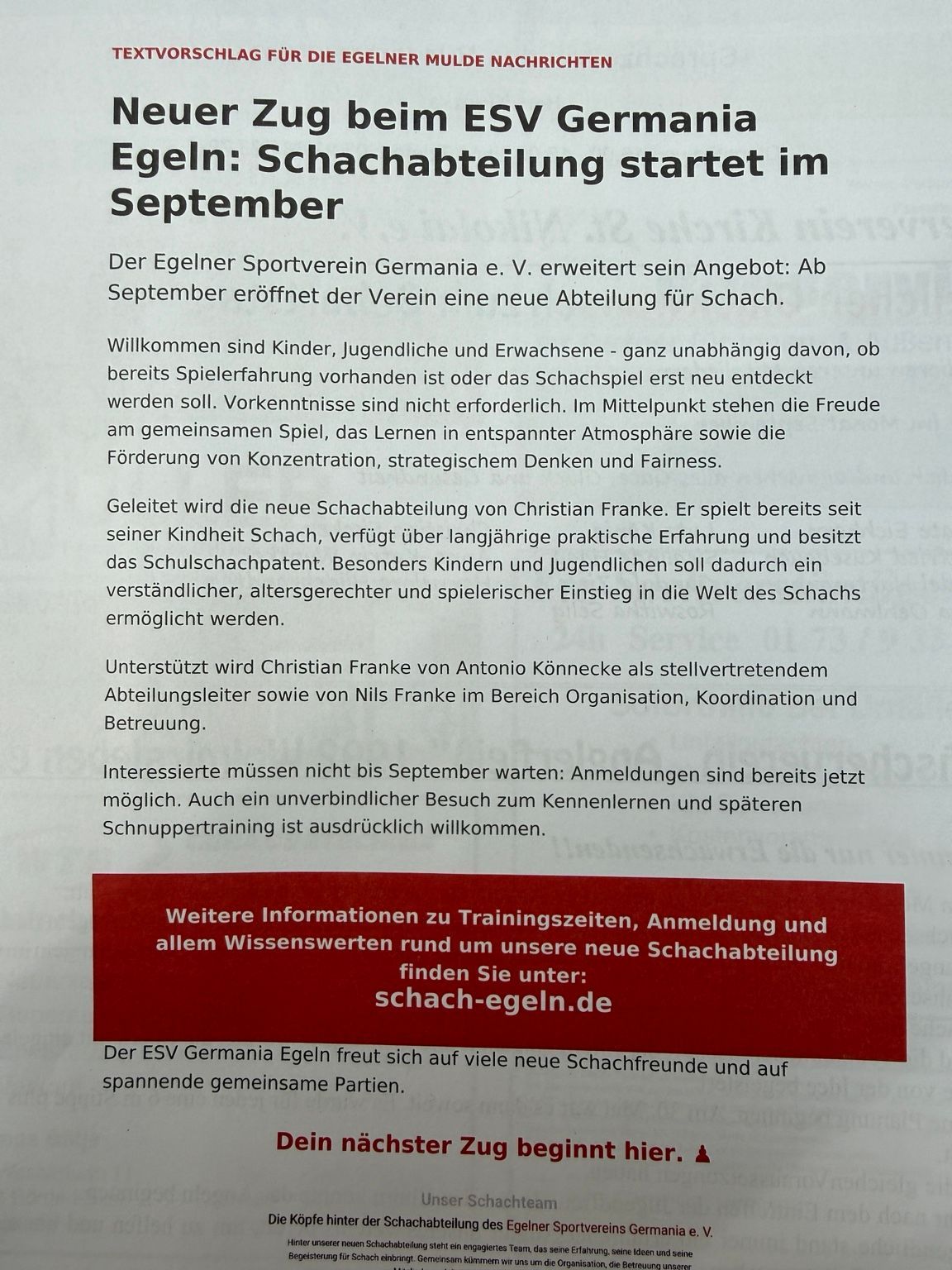 Bericht der Egelner Mulde Nachrichten über die neue Schachabteilung des ESV Germania Egeln