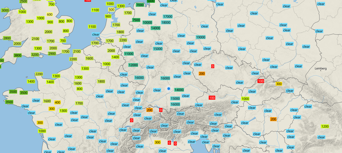 Sichtweiten in Metern an unterschiedlichen Messstationen; 