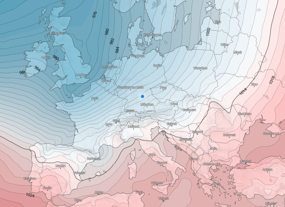 Beispiel für eine synoptische Wetterkarte - die Luftdruckverteilung über Mitteleuropa