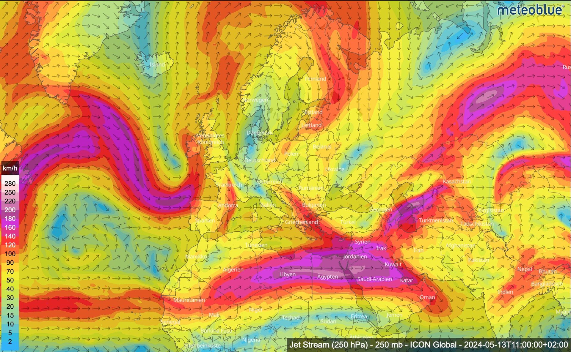 Jetstream (250 hPa) vom 13.05.2024