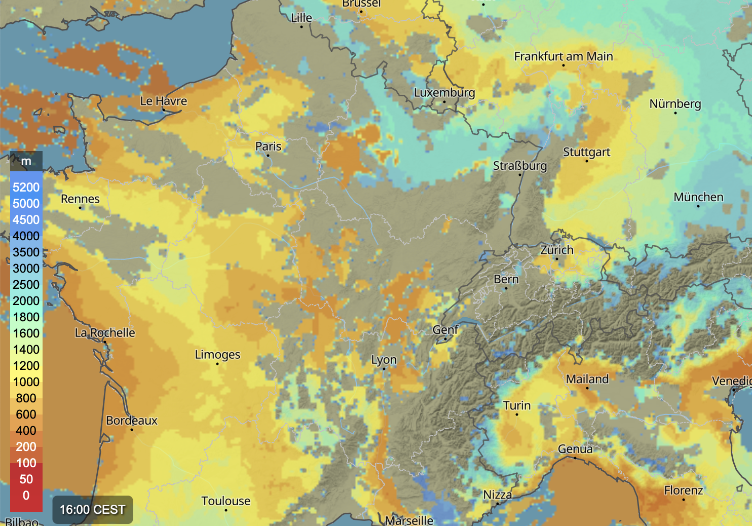 Höhe der Wolkenuntergrenze in Metern über dem Meeresspiegel (02. Mai 2024, 16.00 Uhr CEST)