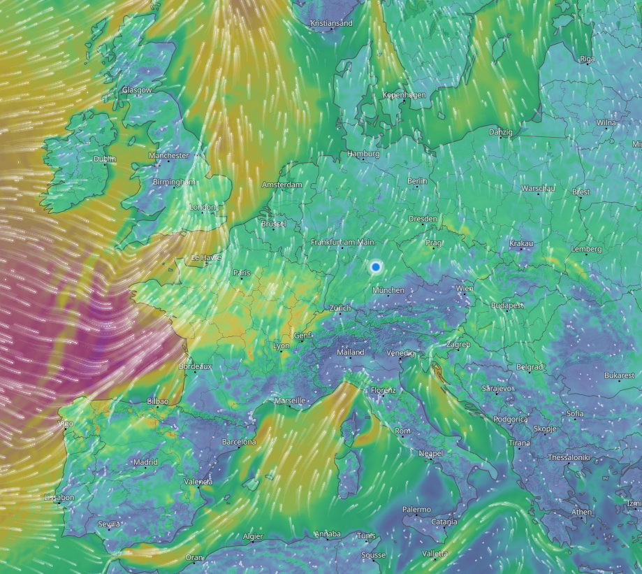 Standbild einer Windanimation über Europa vom 22. Februar 2024 um 12:10 Uhr